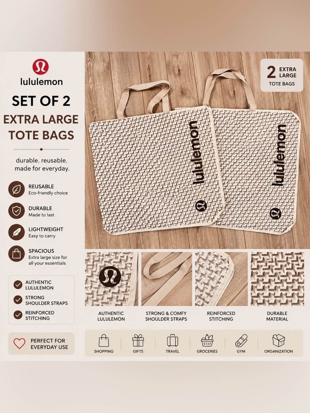 Lululemon Extra Large Reusable Tote Bag Set of 2 | Geometric Print